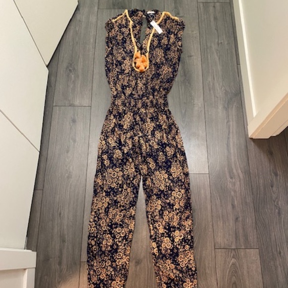 Poupette St. Barth Donna Fringe Trimmed Long Jumpsuit In Navy Dream Size L NWT - Picture 3 of 11